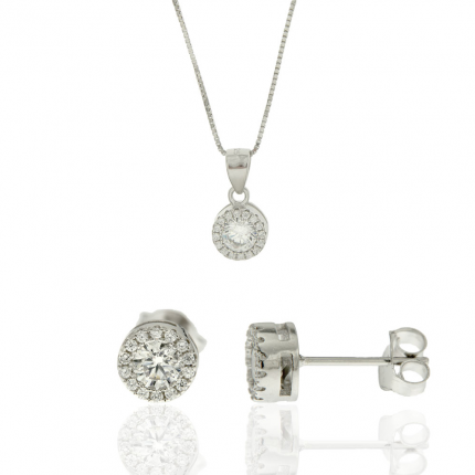 CONJUNTO COLAR E BRINCOS PRATA RODEADA