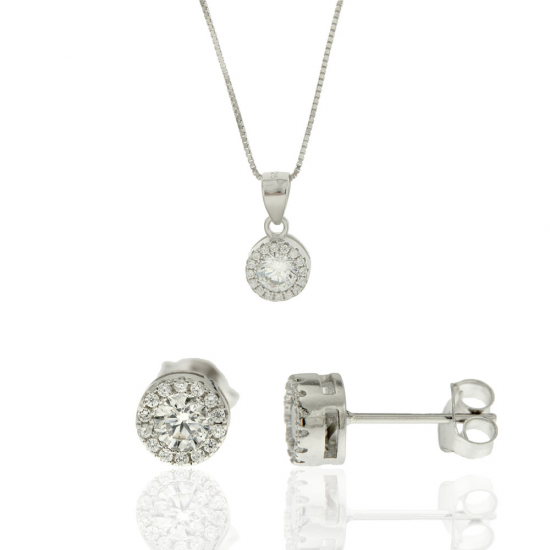 CONJUNTO COLAR E BRINCOS PRATA RODEADA