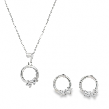 CONJUNTO COLAR + BRINCOS PRATA RODEADA