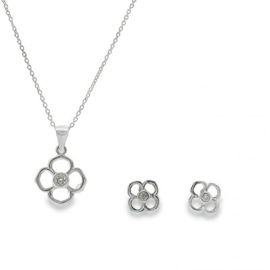 CONJUNTO COLAR + BRINCOS PRATA RODEADA